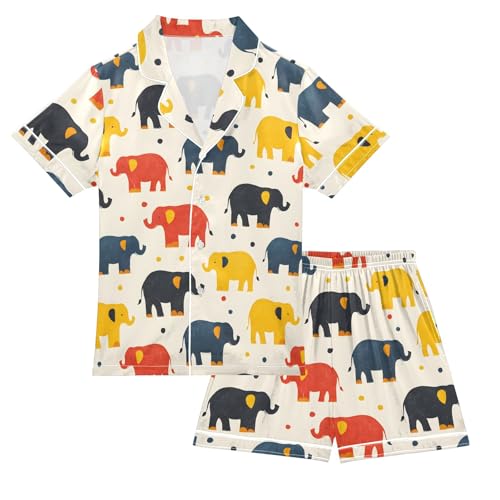 Colorful Elephant Dot Pattern Summer Satin Pajama Set, Cute Button-Down Sleepwear Pj Set for Sleep Wears