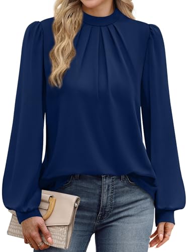 Image of WIHOLL Long Sleeve Shirts for Women Mock Neck Tops Pleated Front Blouses Dressy Casual Spring Fall Clothes 2026 Fashion