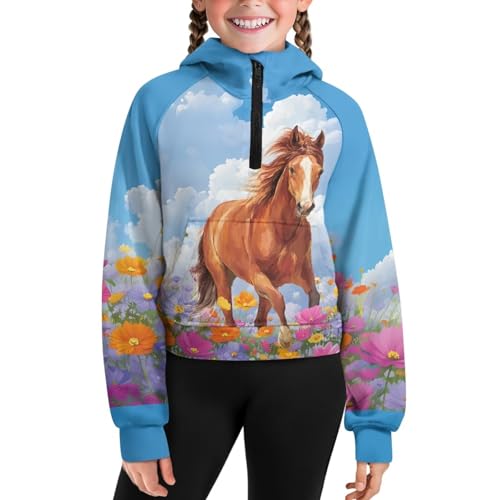 Girls Hoodies Graphic Sweatshirts for Kids Half Zipper Hooded Pullover Preppy Shirts with Pockets 5-14