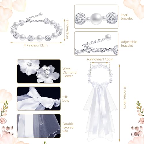Funtery 6 Pcs Girls First Communion Veils Set White 1st Communion Flower Wreath Veil Headpiece Sock Necklace Bracelet Kid Wedding(Classical Style)2