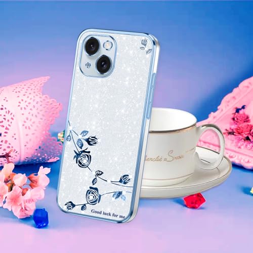 Coque pour iPhone 15 Plus esthétique transparente avec fleurs et paillettes