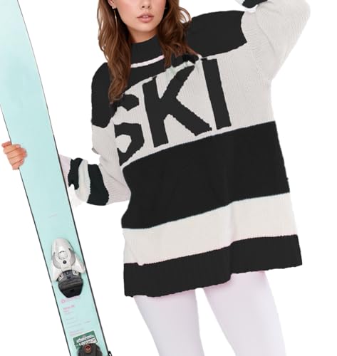 Image of Women Soft Sweaters Winter Mockneck Tops 2024 Oversized Color Block Ski Sweater Shirt Ski Outfits(Lightweigt One Size)
