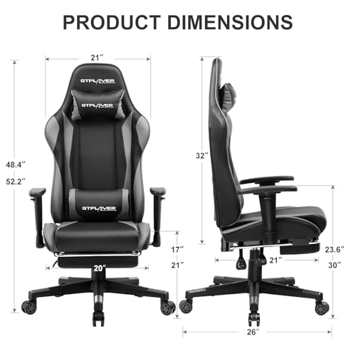 GTPLAYER Gaming Chair with Footrest, Ergonomic Computer Game Desk Chair, Reclining Game Chair Seat Height Adjustment, Swivel Rocker with Headrest and Lumbar (Grey) - Image 2