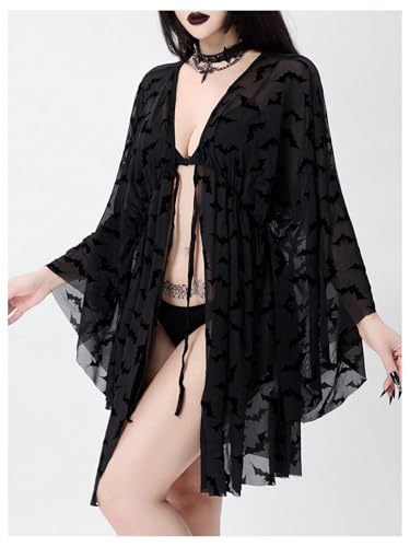 WDIRARA Women's Goth V Neck Tie Front Kimono Lightweight Cardigan Cover Up Kimono3