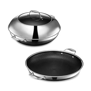 HexClad 4 Piece Hybrid Stainless Steel Cookware Set – 14 Inch Wok and14 Inch Frying Pan with Lid, Stay Cool Handles, Dishwasher and Oven Safe, Non-Stick