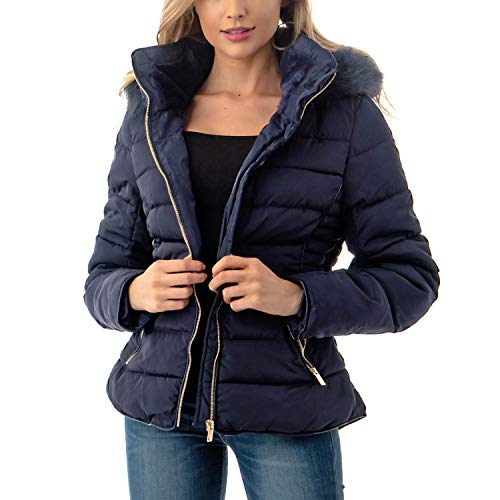 Fashiontasy Women's Short Puffer Coat with Removable Faux Fur Trim Hood Jacket (Medium, BMJ04-Navy)