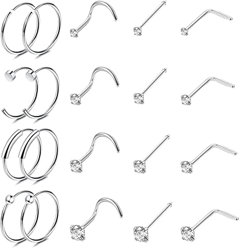 JeweBella 20 Pièces Piercing Nez Acier Chirurgical pour Femme Homme Hypoallergénique Piercing Nez Anneaux Nez Stud L/Vis/Droit Forme Ensemble Piercing Nez Argent Or...
