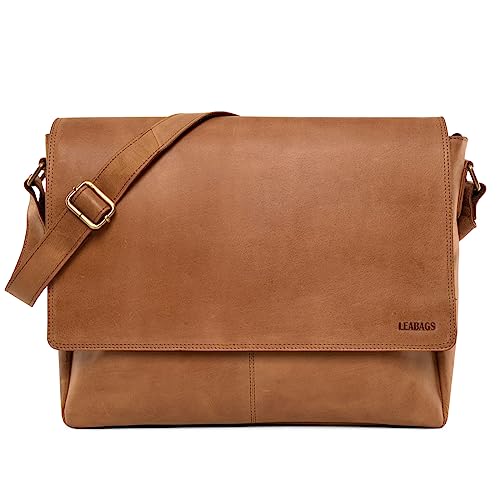 LEABAGS Sac à bandoulière en cuir pour hommes et femmes | Sac pour ordinateur portable jusqu'à 15 pouces | Sangle d'épaule | Sac messager | Sac de travail...