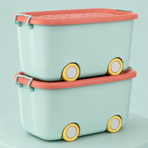 Image of JD FRESH 25 Litre Rolling Toy Storage Box /Colorful Car-Shaped Kids Toy Storage Organizer /Large Size Plastic Storage Box with Wheels & Handle /Stackable Storage Container Box (Pack of 2, Green)