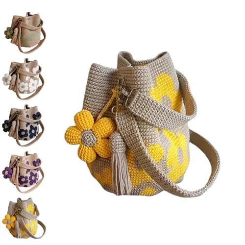 Generisch Handgehäkelte Blumentasche Häkel-Shopper Für Damen Boho-Strandtasche Mit Blumenmuster Für Den Einkauf Leichte Sommertragetasche Mit Niedlichen Blumen & Quasten-Anhänger (Gelb)