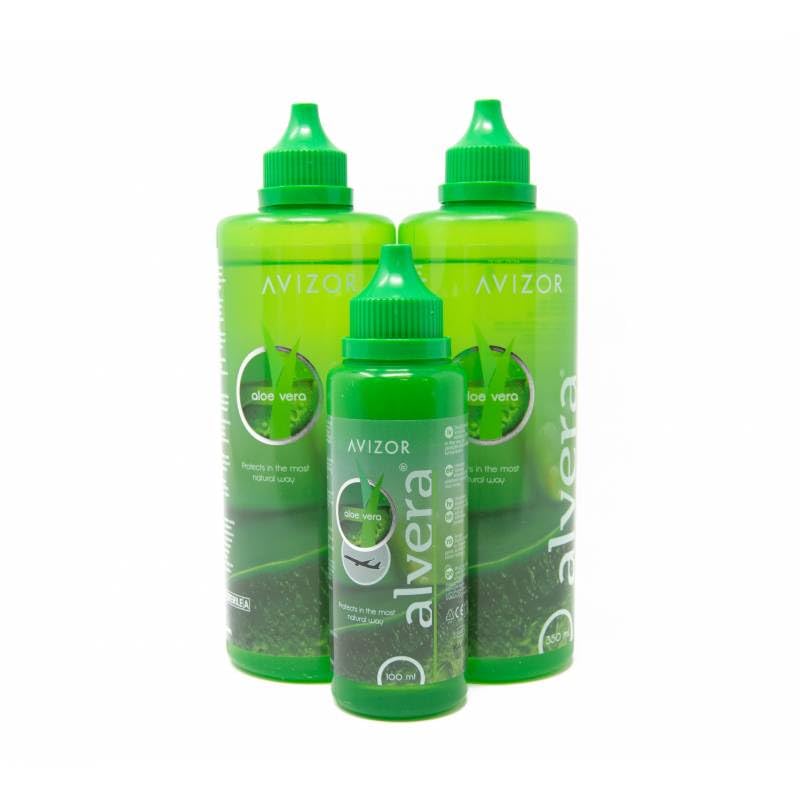 Alvera - Lens Solution with Aloe Vera - Pack 2x350ml + 100ml Travel Bottle - Lens Cleaning and Disinfection with Aloe Vera - Suitable for All Types of Soft Contact Lenses