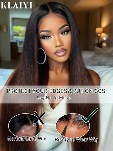 Image of KLAIYI Ombre Brown Yaki Straight Bye Bye Knots Precut 7x5 Lace Front Wigs Human Hair Glueless Drawstring Pre Plucked Bleached 3S Ready to Wear and Go Wig with Dark Roots Chestnut Balayage Brown 24Inch