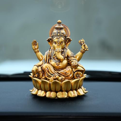 Image of Artarium Resin Small Lord Ganesha Idol (Height 4-Inch), Lotus Ganpati Murti Statue, Handcrafted for Car Dashboard Home Temple and Home Decor Gift Item - Gold Finish