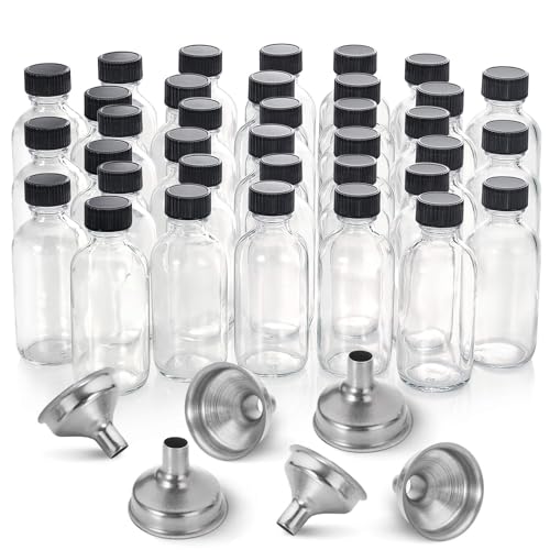 Image of 36 Pack, 2 oz Small Clear Glass Bottles w /Lid & 6 Stainless Steel Funnels - 60ml Boston Sample Bottles - Mini Travel Essential or Decorative Bottles for Potion, Juice, Wellness, Ginger Shots, Whiskey