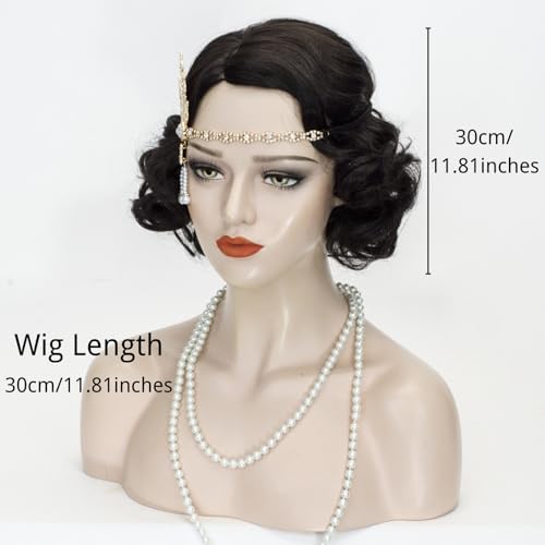 Image of 1920s Finger Wave Wig Women Black 30s Vintage Flapper Wig Lady Rockabilly Short Curly Wig Halloween Party Cosplay Costume Synthetic Hair + Cap