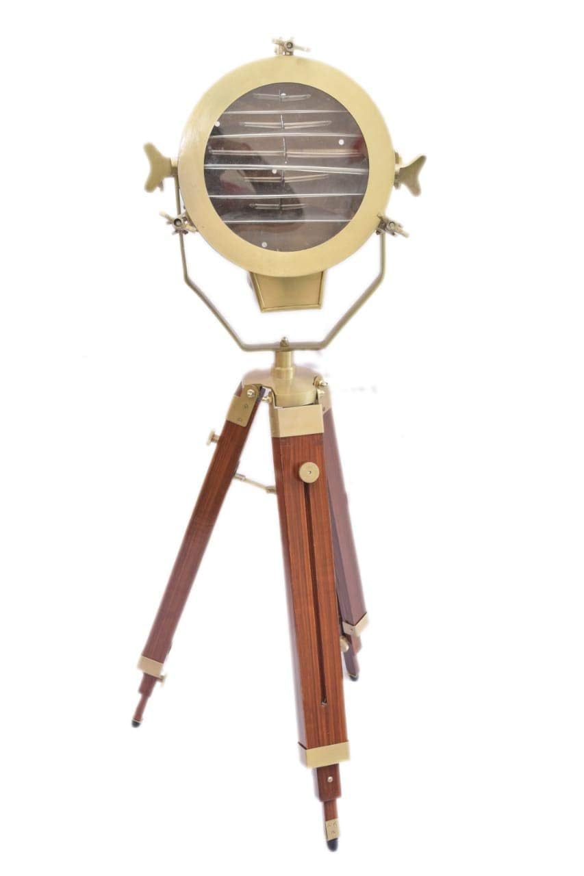 LAMP DECOR..Wood Tripod Floor Lamp Copper Antique Lamp Stand Spot Light Searchlight for Home & Office Decor