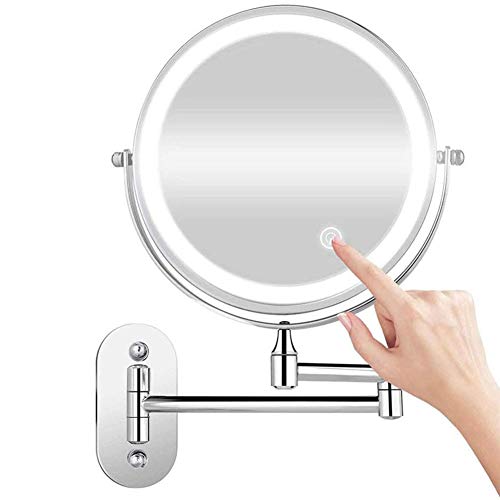 USB Rechargeable Miroir Grossissant Lumineux Mural x5 avec Lumière Froide/Lumière Naturelle/Lumière Chaude, Tactile Contrôlé, 360u00b0Pivotant,Surface chromée