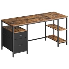 VASAGLE Scrivania per Computer, Tavolo da Ufficio, Scrivania con 3 Ripiani, 2 Cassetti, 60 x 160 x 76 cm, per Ufficio, Soggiorno, Stile Industriale, Marrone Vintage e Nero Opaco LWD105K01