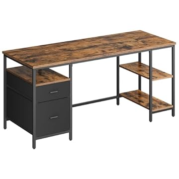 VASAGLE Scrivania per Computer, Tavolo da Ufficio, Scrivania con 3 Ripiani, 2 Cassetti, 60 x 160 x 76 cm, per Ufficio, Soggiorno, Stile Industriale, Marrone Vintage e Nero Opaco LWD105K01