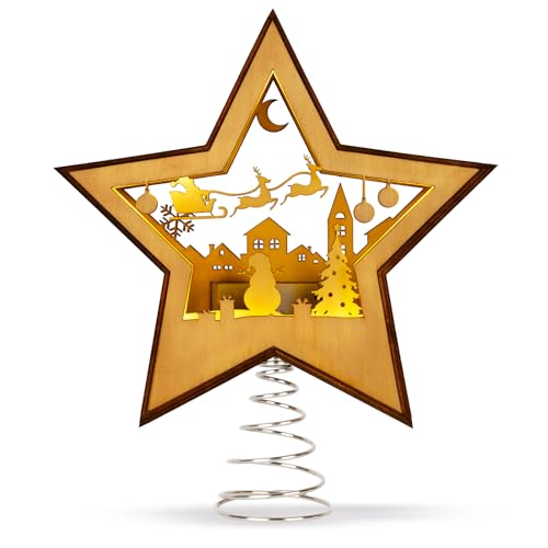 GUDELAK Christmas Tree Topper Star Lighted, 3D Wooden Star Tree Toppers Christmas Decorations, Christmas Tree Star Topper with Lights, Christmas Tree Toppers for Indoor Christmas Decorations