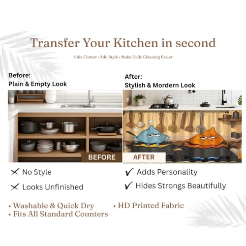 Image of Kitchen Curtains for Sink | Premium Printed Under-Sink Skirt for Kitchen Counter | Washable & Dustproof Rod Pocket Curtain | Home & Cooking Theme Decor (150cm x 70cm) (Golu Molu)