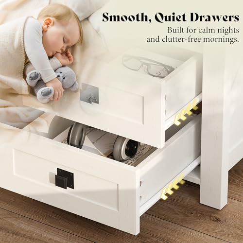 Image of AMERLIFE Farmhouse Nightstand Set of 2, Wooden Side Table with Drawers & Open Shelf, Narrow /Small Bedside End Table, Wood Night Stand for Bedroom /Dorm /Home Office, Rustic White + Barnwood