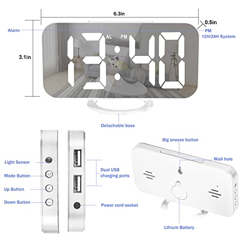 U-Pick Digital Alarm Clock, 6.6 Inch Large Mirrored Led Clock With Dual Usb Charger Ports thumb #5