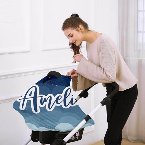 Image of Custom Name Car Seat Canopy - Baby Car Seat Covers, Infant Stroller Cover, Haze Blue Star Carseat Canopy Christmas Birthday Gifts for Girls and Boys