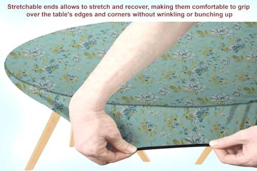 Image of The Furnishing Tree Elastic Cotton Oval Dining Table Cover 36x48 in Inches Floral Golden Leaf on Blue Base
