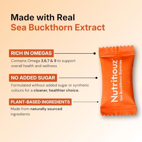 Image of Seabuckthorn Gummies for Immunity & Glowing Skin | Rich in Vitamin C, Omega 3,6,7,9 & Antioxidants | Boosts Immunity, Brightens Skin | Pack of 60 Gummies