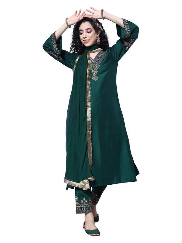 Varanga Women Blue Floral Printed Mandarin Collar Straight Kurta With Three-Quarter Sleeves, Paired With Solid Bottom And Printed Dupatta