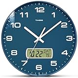 TIMESS Wall Clock, 12' Dial Non-Ticking Silent Battery Operated Analog with LCD Display for Perpetual Calendar and F° Temperature, Ideal Modern Home, Bedroom, Kitchen, Office Decor (Blue)