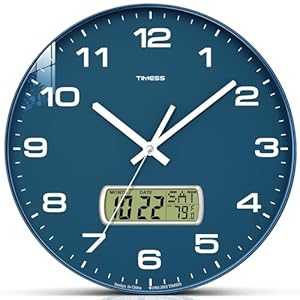 Wall Clock, 10″ Dial Non-Ticking Silent Battery Operated Analog with LCD Display for Perpetual Calendar and F° Temperature, Ideal Modern Home, Bedroom, Kitchen, Office Decor (Blue)