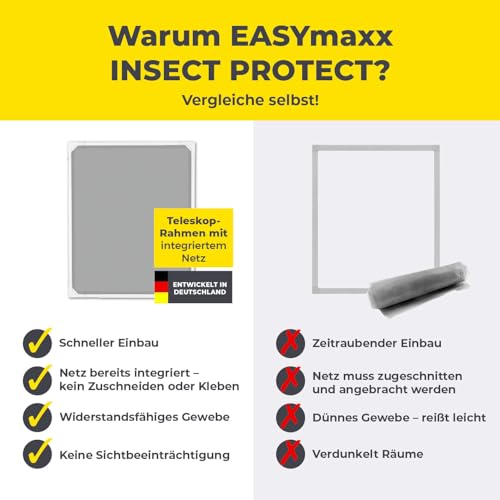 EASYmaxx Insect Protect | Teleskop-Insektenschutzgitter | Fliegengitter Fenster | mit vormontierten Rahmen | ausziehbarer Insektenschutz | integriertes Moskitonetz | weiß