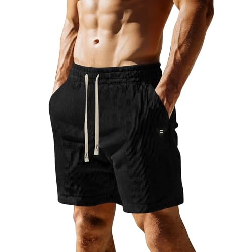 Men's Corduroy Shorts Casual Elastic Waist with Drawstring Textured Lightweight Summer Beach Shorts Featuring Pockets