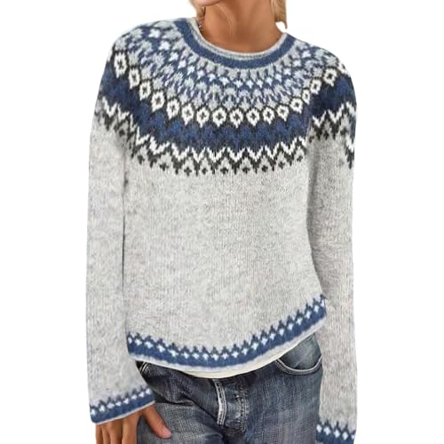 Women's Vintage Fair Isle Sweater Fall Winter Casual Oversized Graphic Print Crew Neck Long Sleeve Pullover Knit Tops