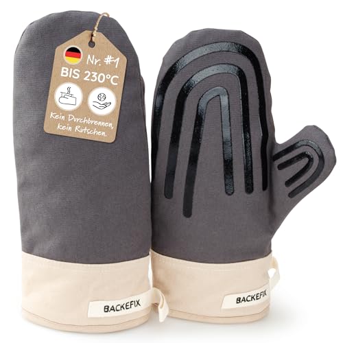 Backefix Ofenhandschuhe mit Silikonmusterung – EIN Paar Backofenhandschuhe hitzebeständig bis 250°C, rutschfest, Baumwolle, nachhaltig, waschbar, komfortabel und plastikfrei