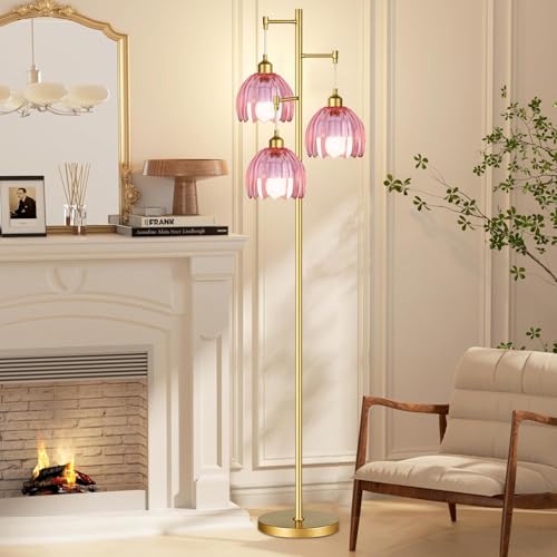 Image of ZECOXOL Dimmable Floor Lamps for Living Room-3 Light Gold Vintage Floor Lamp with Glass Lampshape & Three Bulbs,Modern Mid Century Standing Lamp Green Flower Tall Tree Floor Lamp for Bedroom Corner