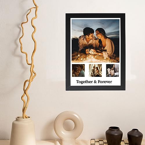 Image of Big Size Wood Rectangular Photo Frame 8X12 Inches With Photo Upload - Customized & Personalized Collage Wall Image Frame With Your Quotes Text For Anniversary, Birthday - 4 Photos, Black