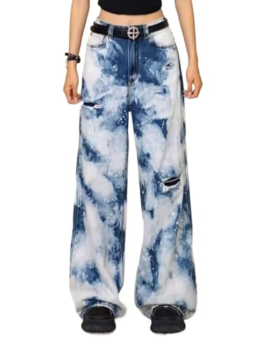 Unisex Y2k Grunge Spray Ink Ripped Distressed Jeans Vintage Hip Hop High Waisted Camo Loose Fit Wide Leg Denim Pants