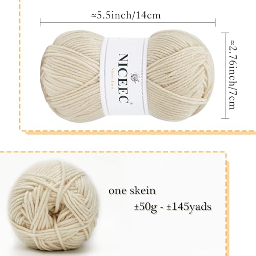 Image of NICEEC 300g Soft Assorted Colors Yarn - Sport Weight,100% Acrylic, 4 Ply, Bonbons Yarn for Crochet & Knit, DIY Project Starter Kit for Kids or Adults(Total 870yds) - Cream White