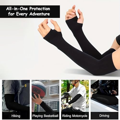 Image of Allextreme Full Arm Sleeves with Thumb Holes for Riders UV Sun Protection 4-Way Stretch Cooling Hand Cover for Men & Women Biking Hiking Cycling Running Protective Bike Riding Gear (Black, 2 Pair)