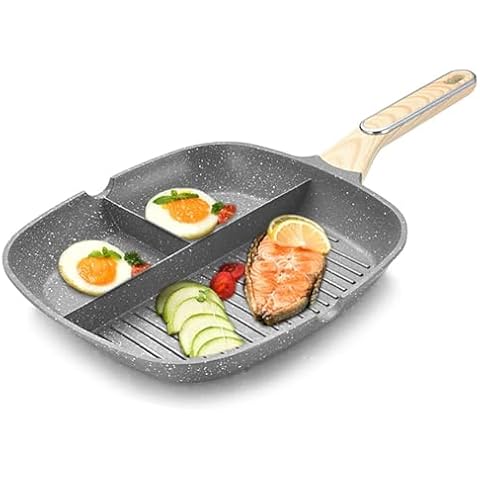 JUSTUP Nonstick Grill Pan, 3-in-1 Egg Pan 11 Inch Non Stick Skillet Pan, Heat Resistant Handle 3 Section Skillet Pancake Pan, Divided Pan Cooking Pan for Breakfast, Egg, Bacon and Burgers Cover