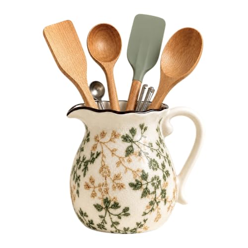 SBTENB Vintage Utensil Holder, Green Floral Ceramic Crock