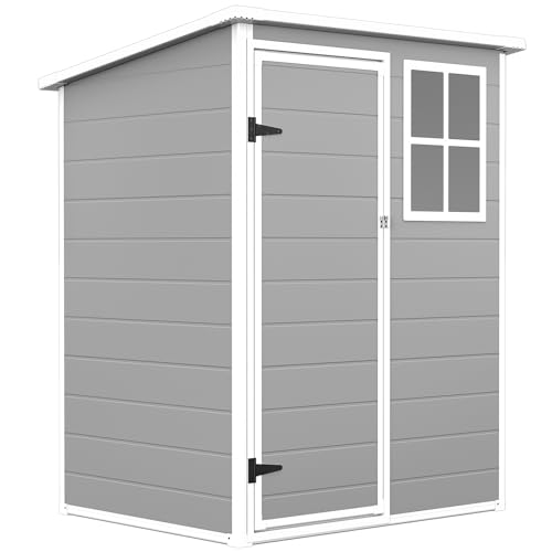 LARBANKE Caseta de jardín resistente a la intemperie, 2,64 m³ – 150 × 122 × 182 cm, cobertizo de jardín de plástico con suelo y ventana estables, cobertizo con puerta, ventilación y techo, ideal para