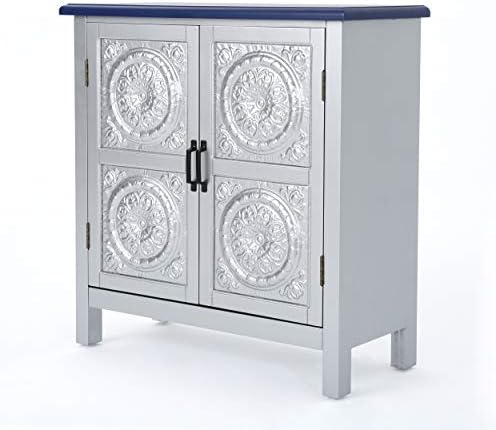 Christopher Knight Home Alana Firwood Cabinet with Faux Wood Overlay, Silver / Navy Blue