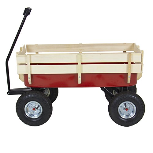 Best Choice Products Wood Wagon ALL Terrain Pulling Red w/ Wood Railing Garden Cart