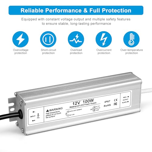 Image of 12V 100W LED Power Supply, IP67 Waterproof LED Driver, AC 110V to DC 12 Volt 8.5A Low Voltage Transformer Converter for Outdoor LED Strip & Landscape Lighting, 3-Prong Plug with 3.3FT Cable