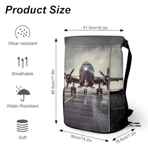 Waterproof Drawstring Gym Backpack with Shoe Compartment & Wet-Proof Pocket - Lightweight 28L Airplane Art Sports Backpack Travel Workout String Bag for Yoga Swim2