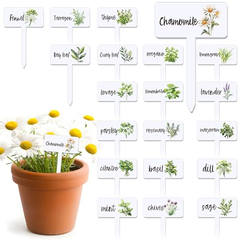FYSUIMU 20Pcs Acrylic Plant Label Signs 20 Styles Garden Herb Markers T-Type Plant Stake Tags White Waterproof Tags with Herb Names for Nursery Indoor Outdoor Garden Decor